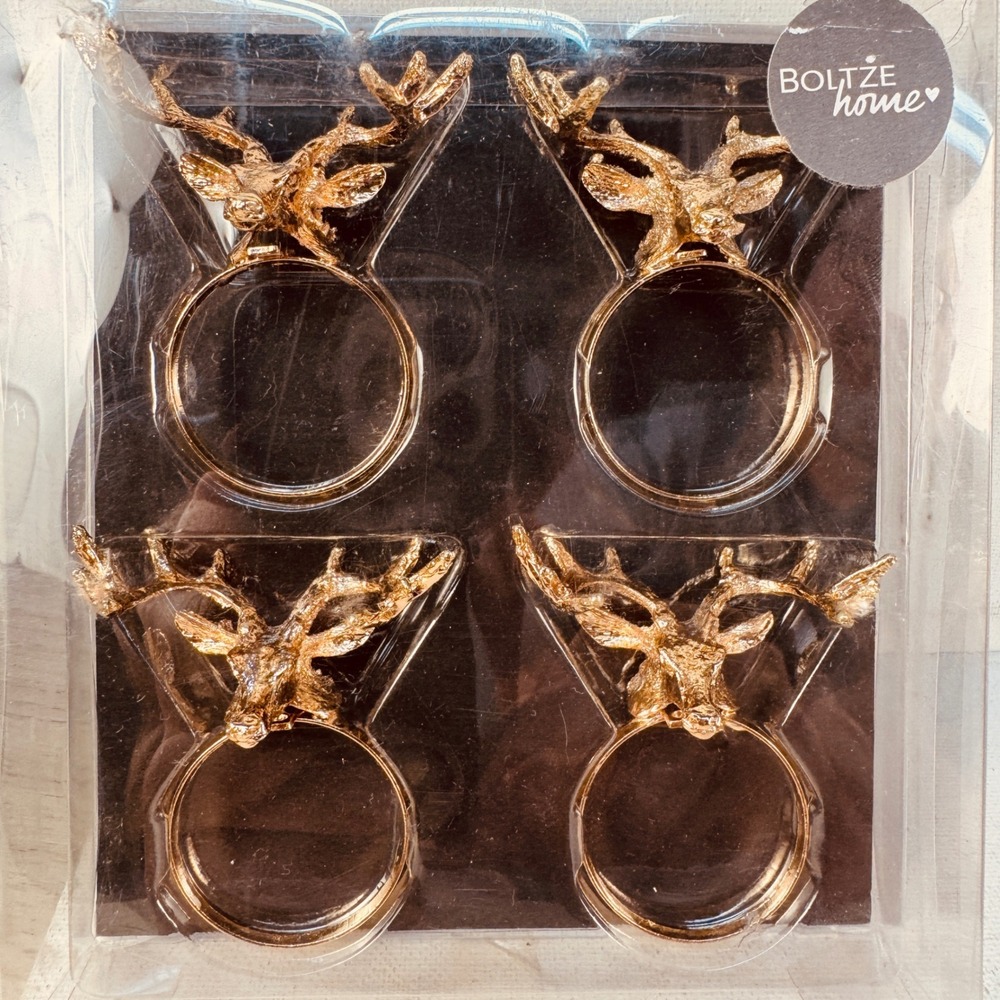 Boltze Home Gold Deer Head Napkin Rings Set of 4 Stag Antler Rustic Table Decor